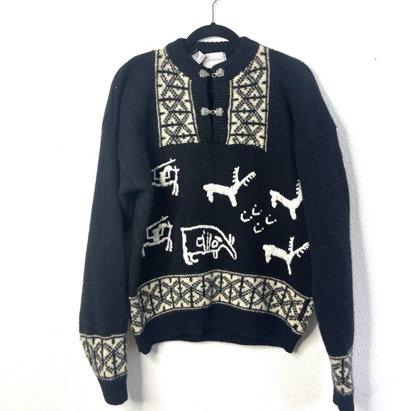 Vintage Wool Nordic Black Sweater Pewter Clasps Reindeer Pattern Unisex Knit - Picture 2 of 10